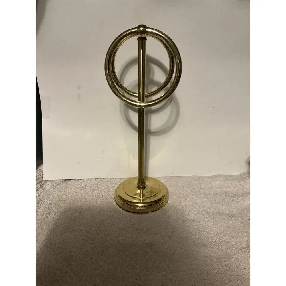 Vintage Brass Hand Towel Holder Stand Double Ring Bathroom Countertop MCM Gold